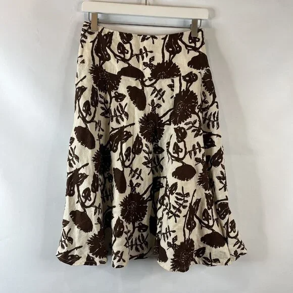 GAP Womens Linen Midi Skirt Size 0 Cream Brown Floral Fit & Flare - Picture 2 of 8